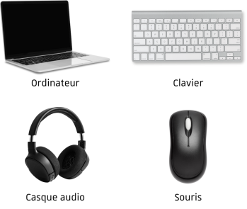 Images représentant des outils numériques avec leurs noms (ordinateur, clavier, casque, souris).