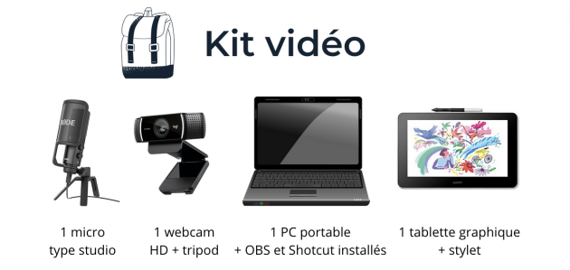 Les kits vidéos proposés par l'Idip sont composés d'un micro de type podcast, d'une webcam, d'un PC portable, et d'une tablette graphique.