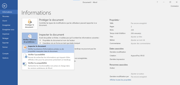 Capture d'écran de Word 2016 illustrant la fonction d'inspection du document.