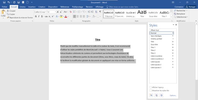 Capture d'écran de Word 2016 illustrant les différents styles de texte disponibles.
