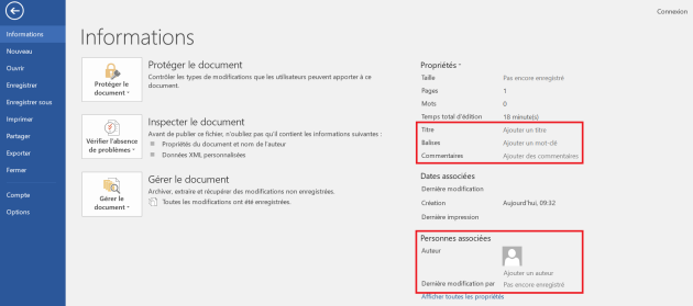 Capture d'écran de Word 2016 illustrant le volet de modification des propriétés du document (titre, auteur, etc.).