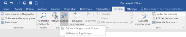 Capture d'écran de Word 2016 illustrant l'onglet de sélection de la langue du document.