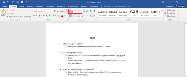 Capture d'écran de Word 2016 illustrant les boutons permettant de créer des listes à puces.