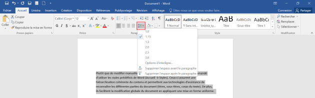 Capture d'écran de Word 2016 illustrant le bouton permettant de régler l'espacement entre les lignes.