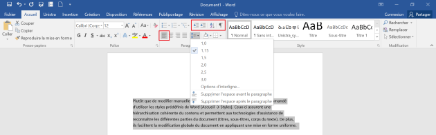Capture d'écran de Word 2016 illustrant les options de mise en forme des paragraphes (alignement, retraits, etc.).