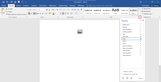 Capture d'écran de Word 2016 illustrant les différents niveaux de titres disponibles.
