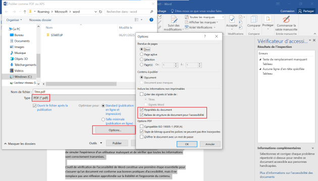 Capture d'écran de Word 2016 illustrant la fonctionnalité de conversion d'un document en PDF, incluant les options permettant de conserver les balises.