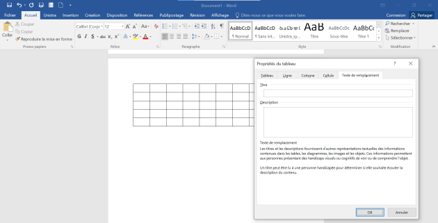Capture d'écran de Word 2016 illustrant l'ajout d'un texte alternatif à un tableau.