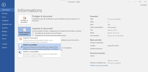 Capture d'écran de Word 2016 illustrant la fonctionnalité permettant de vérifier l'accessibilité d'un document.