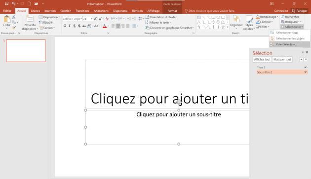 Capture d'écran de PowerPoint 2016 illustrant le volet Sélection.