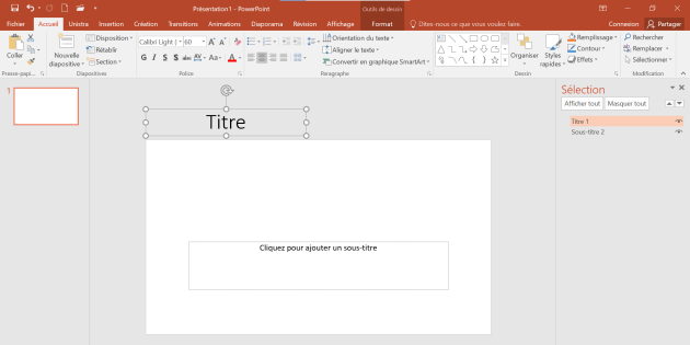 Capture d'écran de PowerPoint 2016 illustrant un titre placé en dehors de la zone d'affichage des diapositives.