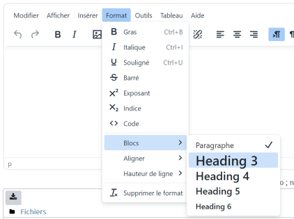 Capture d'écran de l'éditeur de Moodle, affichant l'onglet « Format » permettant de mettre en forme le texte. Cet onglet inclut notamment le sous-menu « Blocs », qui donne accès aux différents niveaux de titres et de paragraphes.