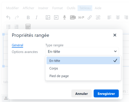 Capture d'écran de l'éditeur de Moodle. Dans l'onglet« Tableau », en sélectionnant « Rangée » ou « Colonne », on peut en modifier le type et les définir comme « En-tête », « Corps » ou « Pied de page ».