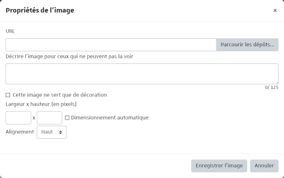 Sur cette capture d'écran relative aux propriétés de l'image, un champ de saisie de texte est disponible pour décrire l'image ou le lien hypertexte qu'on insère sur Moodle. D'autres propriétés telles que le réajustement de la taille ou de l'alignement de l'image sont disponibles.