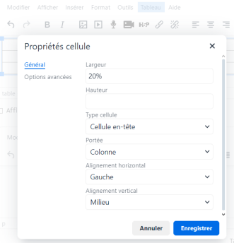 Sur cette capture d'écran, sont mentionnées les propriétés de la cellule d'un tableau sur Moodle, nottament le choix de la largeur et de la hauteur en pourcentages.