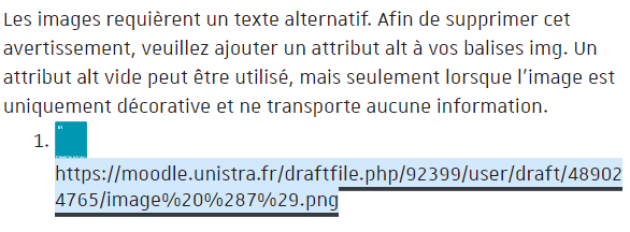 Capture d'écran représentant le texte qui s'affiche lorsque l'absence d'un texte alternatif est détectée, suivi d'un conseil pour y remédier : « Les images requièrent un texte alternatif. Afin de supprimer cet avertissement, veuillez ajouter un attribut alt à vos balises img. Un attribut alt vide peut être utilisé, mais seulement lorsque l'image est uniquement décorative et ne transmet aucune information. »