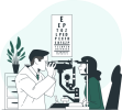 Illustration d'un ophtalmologiste effectuant une mesure de l'acuité visuelle sur une patiente à l'aide d'un phoroptère.